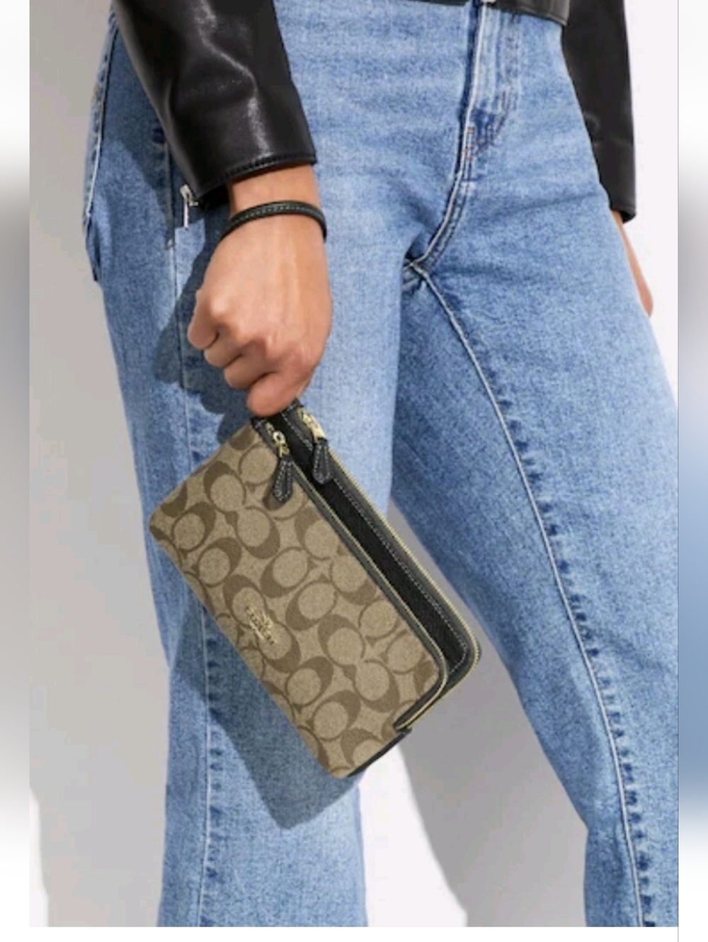 Coach Double Zip Wallet Signature Canvas Pebble Leather Brown/Green Wristlet